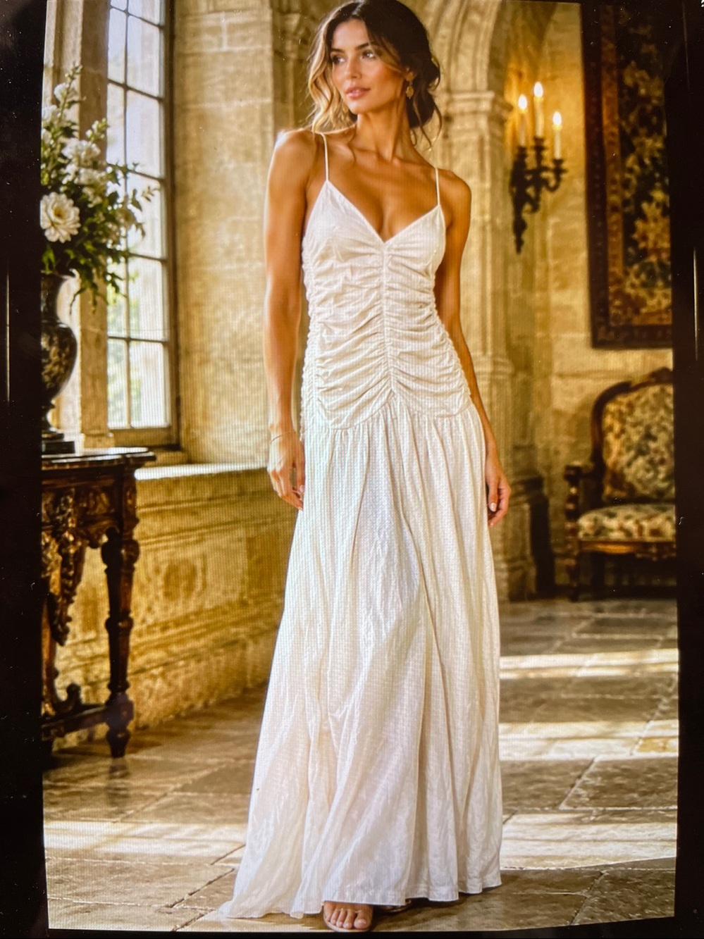 M. Spaghetti Strap Ruched Maxi Sheer Dress in Cream